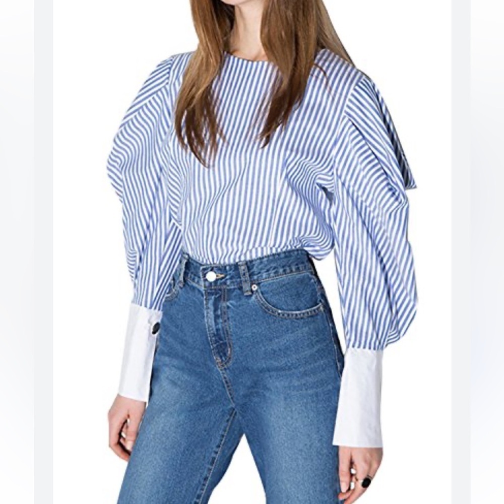 Haoduoyi Size Large Button Down Collar Shirt puff sleeves blue white stripe